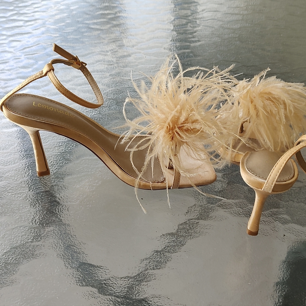 Feminine Gold Satin feather Plum ankle Strap Sandals